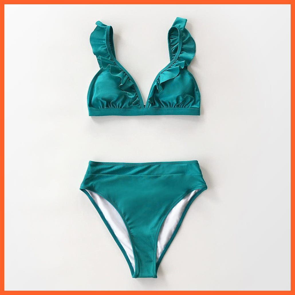 whatagift.com.au Swimsuit Women Women Sexy Solid Brown Two Piece V-neck Ruffled High-waist Bikini Sets Swimsuit