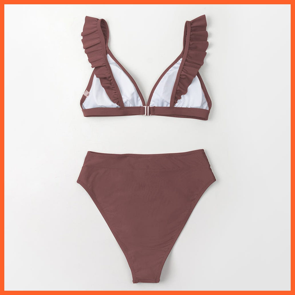 whatagift.com.au Swimsuit Women Women Sexy Solid Brown Two Piece V-neck Ruffled High-waist Bikini Sets Swimsuit