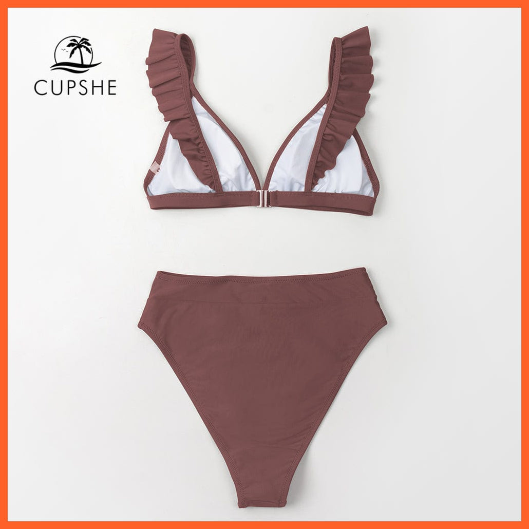 whatagift.com.au Swimsuit Women Women Sexy Solid Brown Two Piece V-neck Ruffled High-waist Bikini Sets Swimsuit