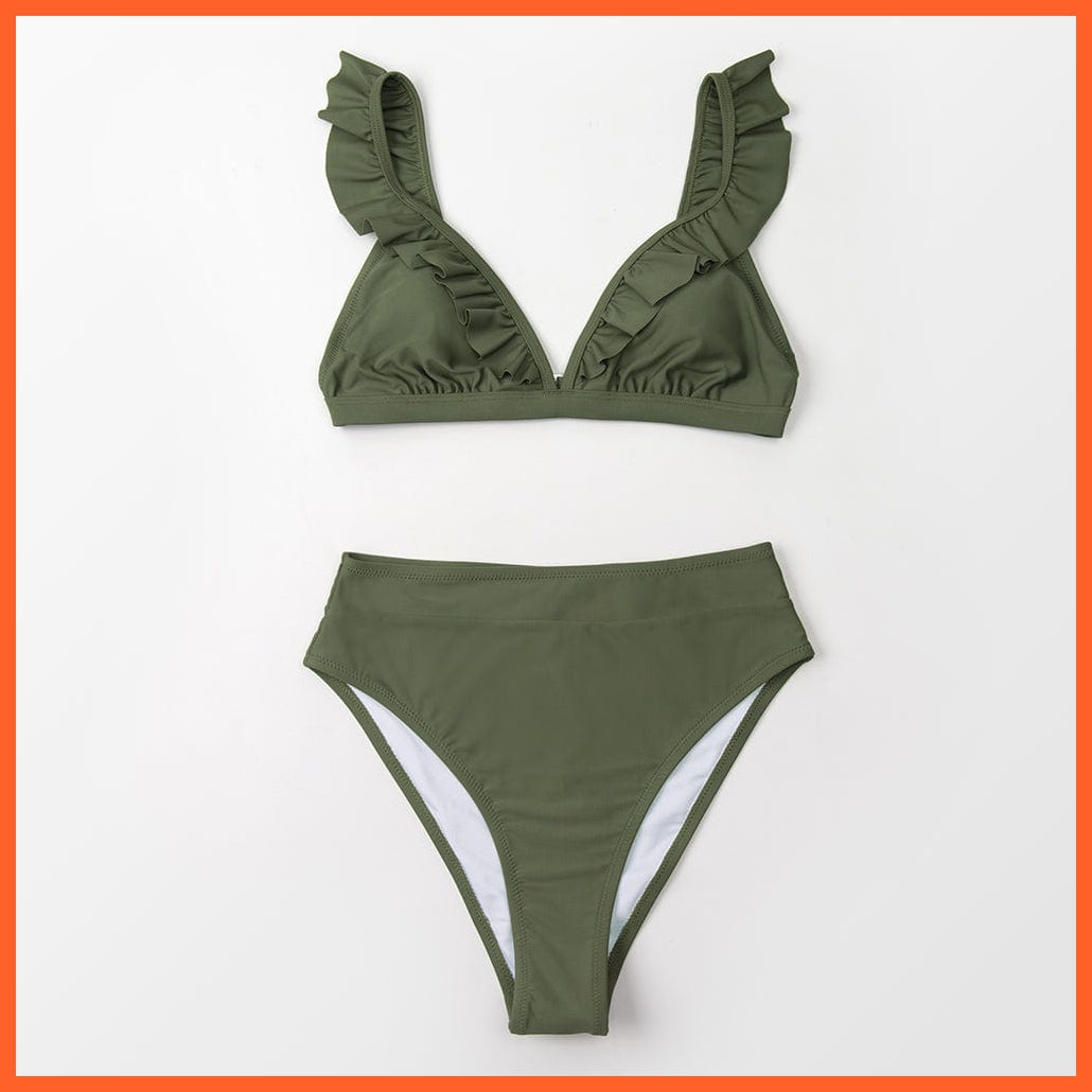 whatagift.com.au Swimsuit Women Women Sexy Solid Brown Two Piece V-neck Ruffled High-waist Bikini Sets Swimsuit
