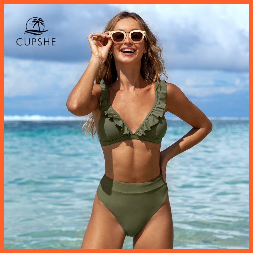 whatagift.com.au Swimsuit Women Women Sexy Solid Brown Two Piece V-neck Ruffled High-waist Bikini Sets Swimsuit