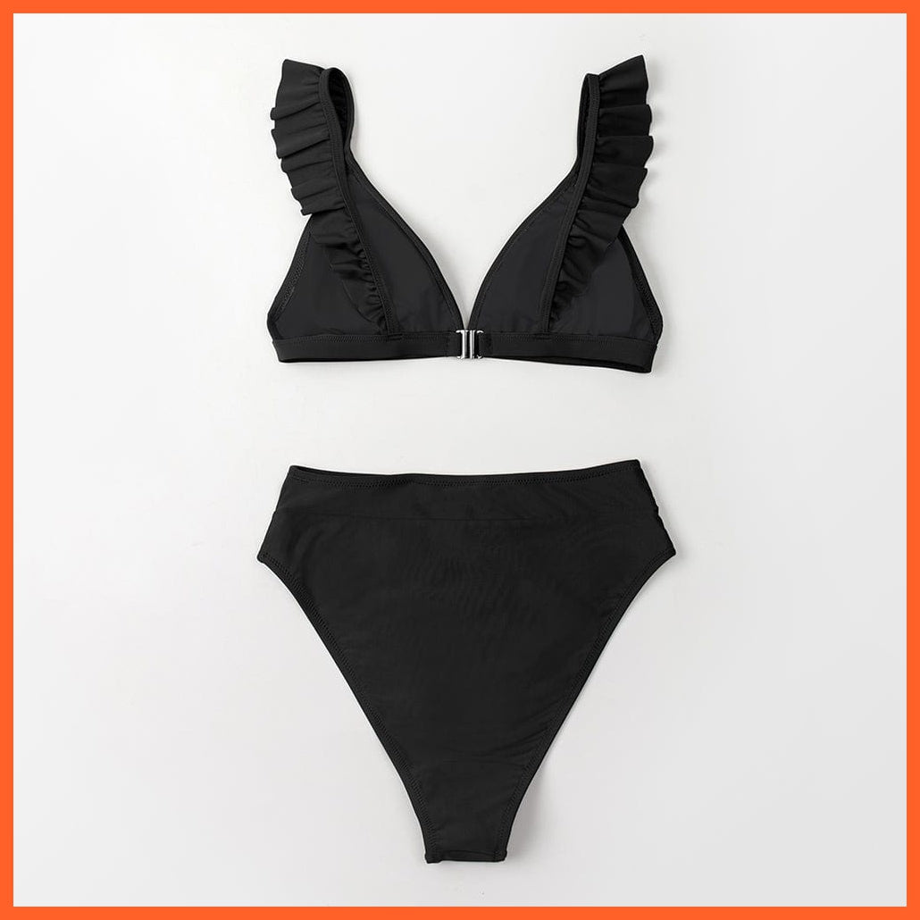 whatagift.com.au Swimsuit Women Women Sexy Solid Brown Two Piece V-neck Ruffled High-waist Bikini Sets Swimsuit