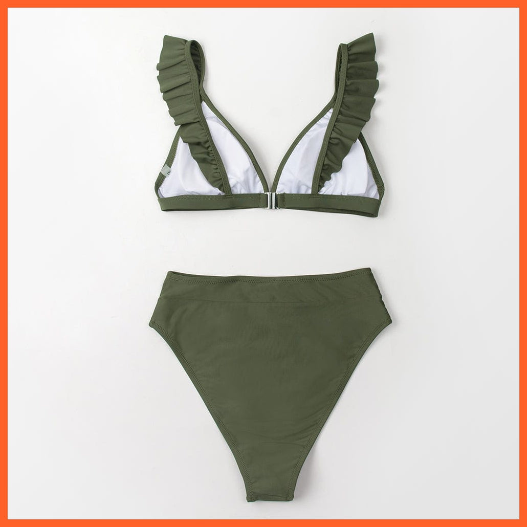 whatagift.com.au Swimsuit Women Women Sexy Solid Brown Two Piece V-neck Ruffled High-waist Bikini Sets Swimsuit