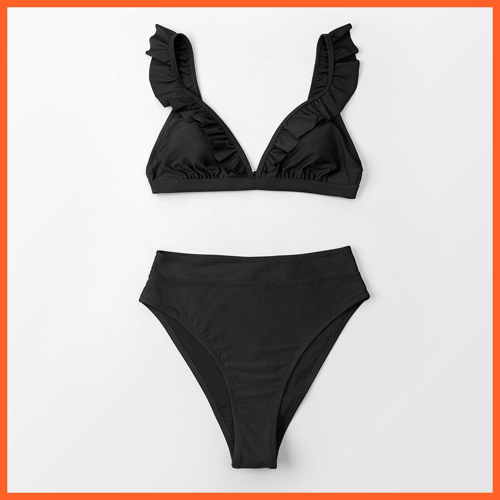 whatagift.com.au Swimsuit Women Women Sexy Solid Brown Two Piece V-neck Ruffled High-waist Bikini Sets Swimsuit