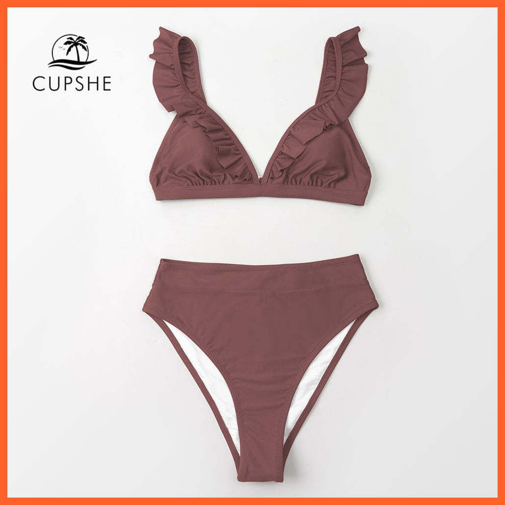 whatagift.com.au Swimsuit Women Women Sexy Solid Brown Two Piece V-neck Ruffled High-waist Bikini Sets Swimsuit