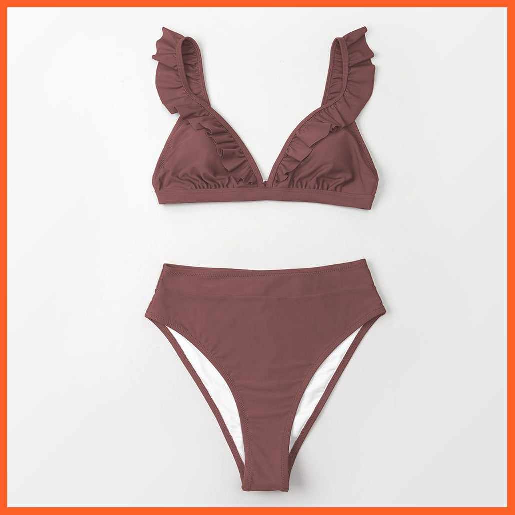 whatagift.com.au Swimsuit Women Women Sexy Solid Brown Two Piece V-neck Ruffled High-waist Bikini Sets Swimsuit