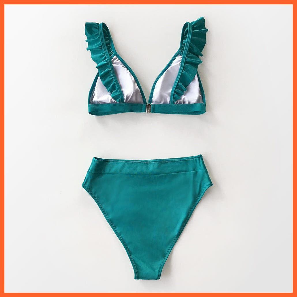 whatagift.com.au Swimsuit Women Women Sexy Solid Brown Two Piece V-neck Ruffled High-waist Bikini Sets Swimsuit