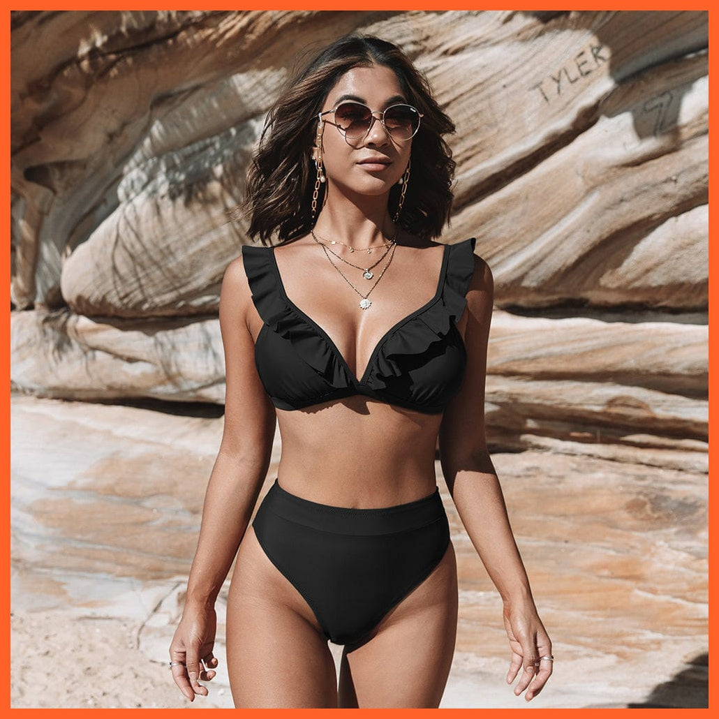 whatagift.com.au Swimsuit Women Women Sexy Solid Brown Two Piece V-neck Ruffled High-waist Bikini Sets Swimsuit