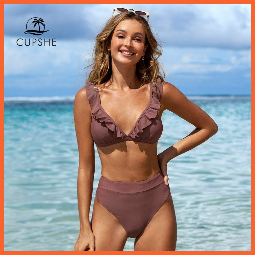 whatagift.com.au Swimsuit Women Women Sexy Solid Brown Two Piece V-neck Ruffled High-waist Bikini Sets Swimsuit