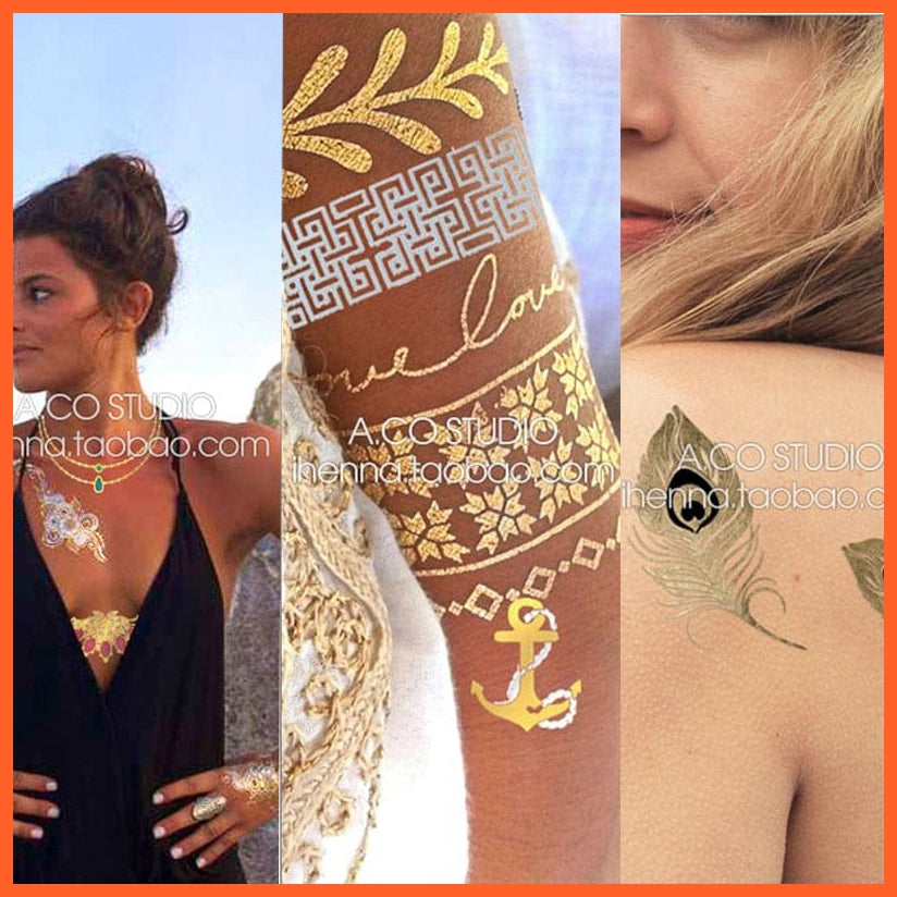 1 Sheet Flash Tattoo Boho Metallic Gold Body Art Stickers | Triangle Blue Shimmering Jewellery Festival Temporary Tattoos | whatagift.com.au.