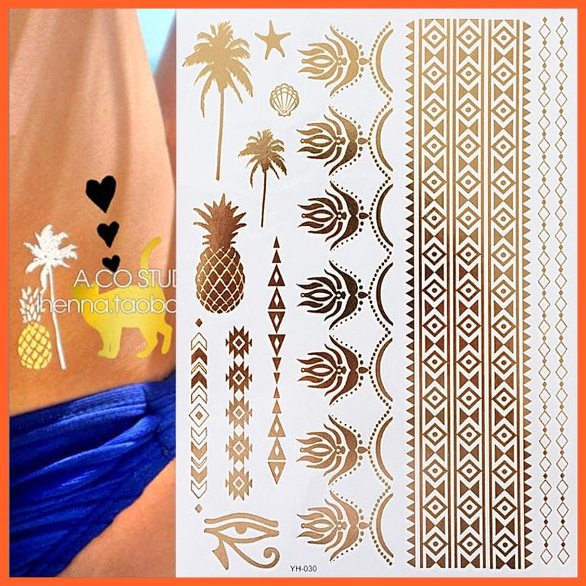 12 Sheets Metallic Temporary Tattoos | Gold Boho Waterproof Flash Tattoo Sticker Designs For Women Girls | whatagift.com.au.