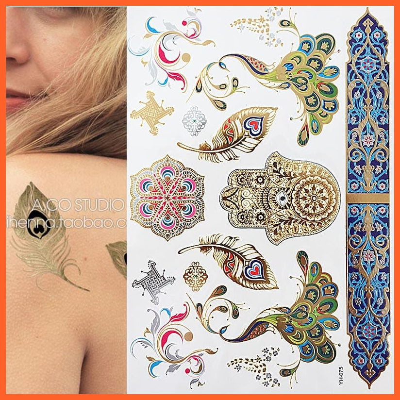 12 Sheets Metallic Temporary Tattoos | Gold Boho Waterproof Flash Tattoo Sticker Designs For Women Girls | whatagift.com.au.