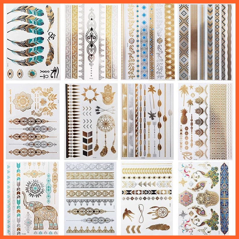 12 Sheets Metallic Temporary Tattoos | Gold Boho Waterproof Flash Tattoo Sticker Designs For Women Girls | whatagift.com.au.