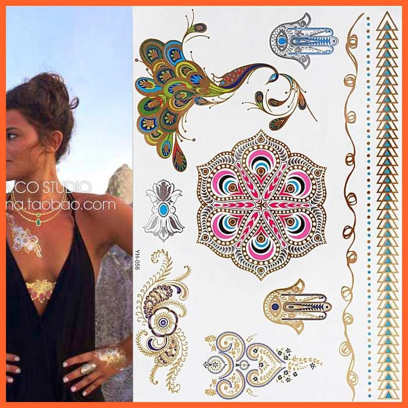 12 Sheets Metallic Temporary Tattoos | Gold Boho Waterproof Flash Tattoo Sticker Designs For Women Girls | whatagift.com.au.