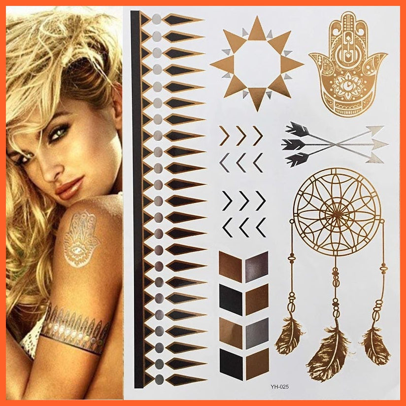 12 Sheets Metallic Temporary Tattoos | Gold Boho Waterproof Flash Tattoo Sticker Designs For Women Girls | whatagift.com.au.