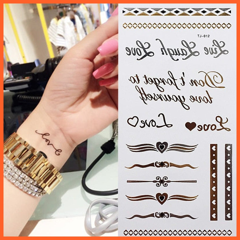 1Pc Metallic Waterproof Temporary Tattoo | Bronze  Gold Silver Women Henna  Love Heart Letter Ring Tattoo Stickers | whatagift.com.au.