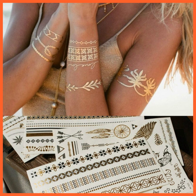 1Pc Summer Style Men Women Body Art | Gold Metallic Tattoo Sticker Chain Bracelet Fake Jewelry Waterproof Temporary Tattoo | whatagift.com.au.