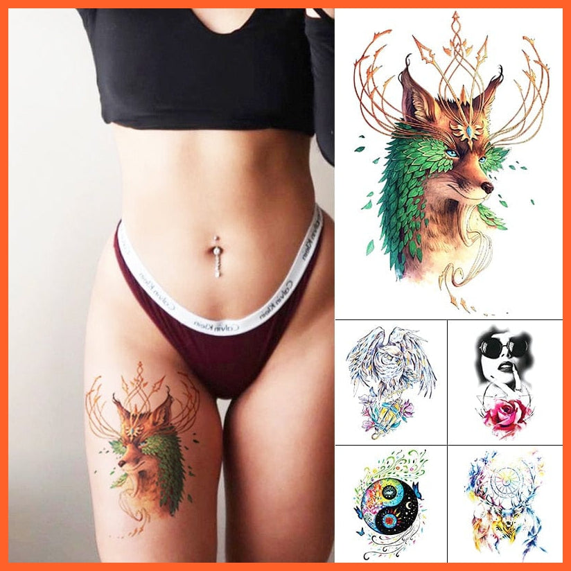 1Pcs Temporary Tattoo Sticker | Fox King Owl Totem Large Arm Body Art Sticker For Men Women | whatagift.com.au.