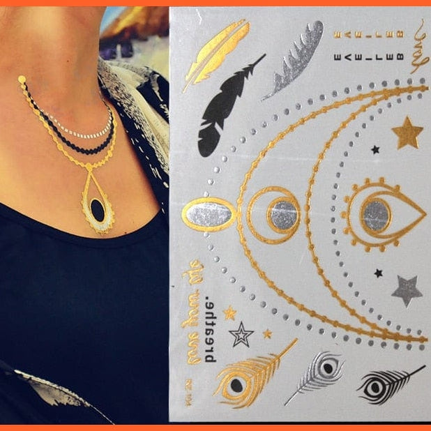 Flash Gold Metallic Tattoo | Necklace Body Stocking Arabic Gold Glitter Temporary Stickers | whatagift.com.au.