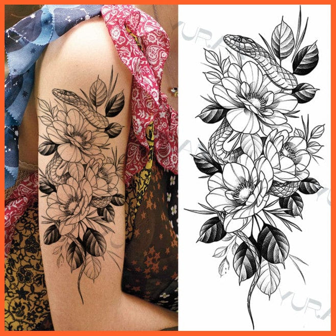 whatagift.com.au Tattoo GMZ223 Temporary Tattoos Black Large Snake Flower Body Art Sticker For Women