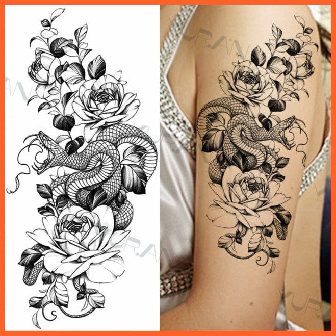 whatagift.com.au Tattoo GMZ227 Temporary Tattoos Black Large Snake Flower Body Art Sticker For Women