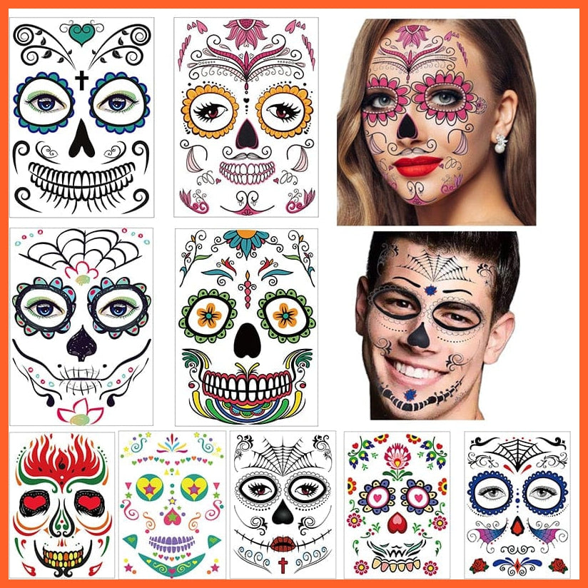 Halloween Temporary Face Tattoos | 1 Sheets Floral Day Of The Dead Sugar Skull Face Halloween Tattoo Kit | whatagift.com.au.