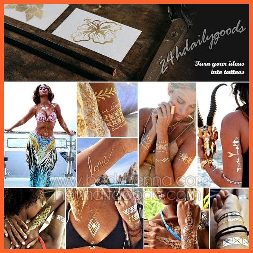 Temporary Tattoos Gold Silver Metallic Body Art Stickers | Arm Body Tattoo Cool Bracelet Style Girl Diy Golden Flash Tattoos | whatagift.com.au.