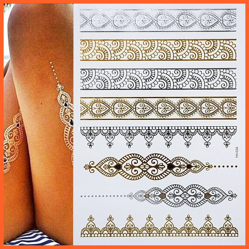 Temporary Tattoos Gold Silver Metallic Body Art Stickers | Arm Body Tattoo Cool Bracelet Style Girl Diy Golden Flash Tattoos | whatagift.com.au.