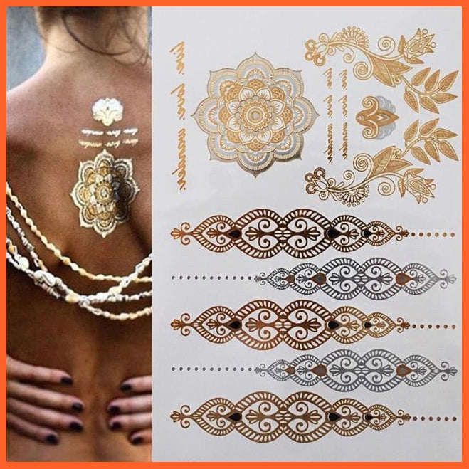 Temporary Waterproof Non-Toxic 175 Design Tattoos | 1 Large Sheets Metallic Gold Silver Body Art Stickers For Women Girls | whatagift.com.au.