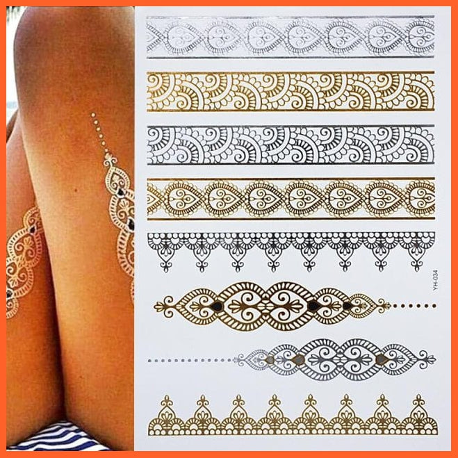 Temporary Waterproof Non-Toxic 175 Design Tattoos | 1 Large Sheets Metallic Gold Silver Body Art Stickers For Women Girls | whatagift.com.au.