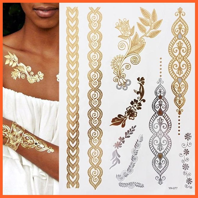 Temporary Waterproof Non-Toxic 175 Design Tattoos | 1 Large Sheets Metallic Gold Silver Body Art Stickers For Women Girls | whatagift.com.au.