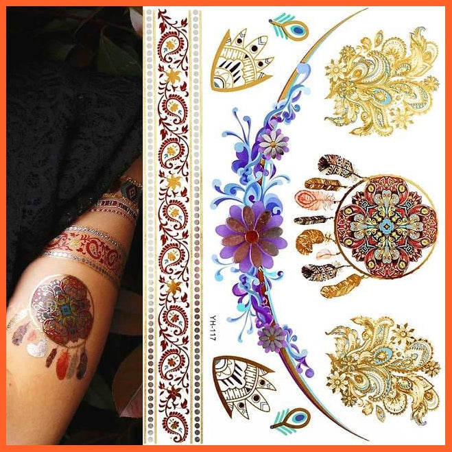 Temporary Waterproof Non-Toxic 175 Design Tattoos | 1 Large Sheets Metallic Gold Silver Body Art Stickers For Women Girls | whatagift.com.au.