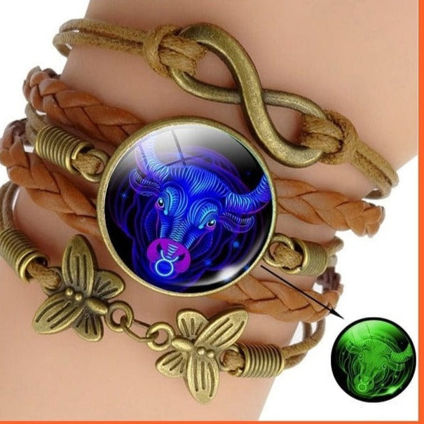 whatagift.com.au Taurus Luminous 12 Zodiac Sign Woven Leather Bracelet