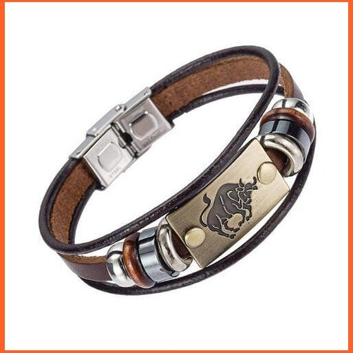 whatagift.com.au Taurus Unisex Stainless Steel 12 Zodiac Signs Genuine Leather Bracelet