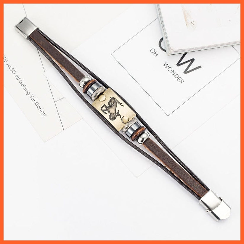 whatagift.com.au Unisex Stainless Steel 12 Zodiac Signs Genuine Leather Bracelet