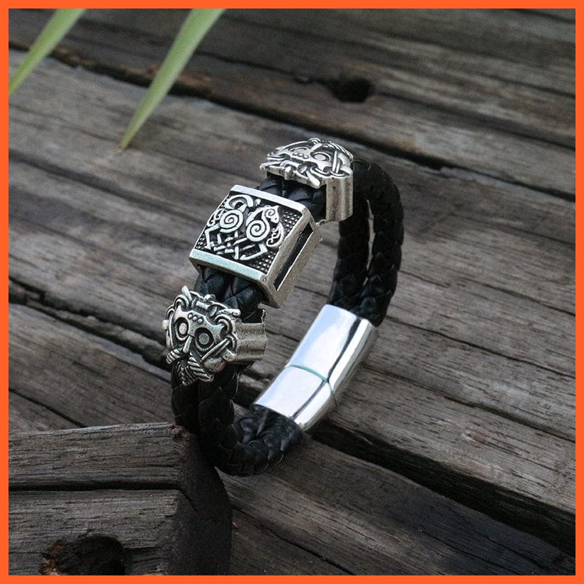 whatagift.com.au Viking Bracelet For Men | Black Braided Leather Cuff Stainless Steel Magnetic Clasp