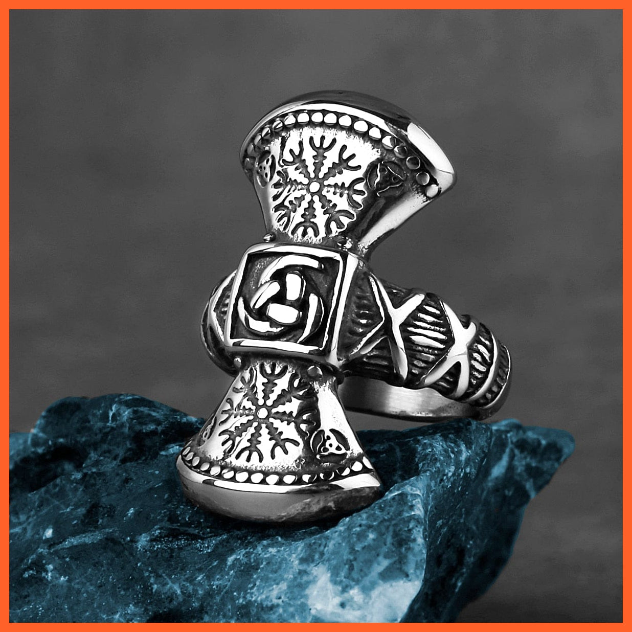 whatagift.uk Viking Road Sign Compass Dual Axis Axe Ring Men Celtic Knot Nordic Ring Creative Stainless Steel Jewelry Gift Wholesale