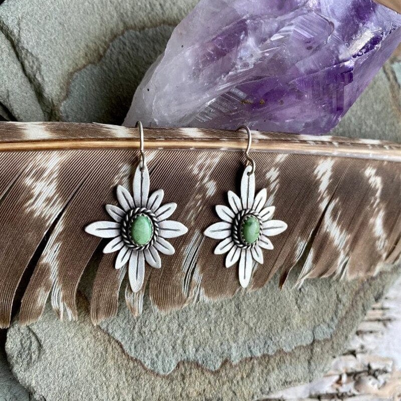 whatagift.com.au Vintage Metal Artisan Statement Earrings | Handmade Inlaid Bead Carved Floral Hook Drop Earrings for Women