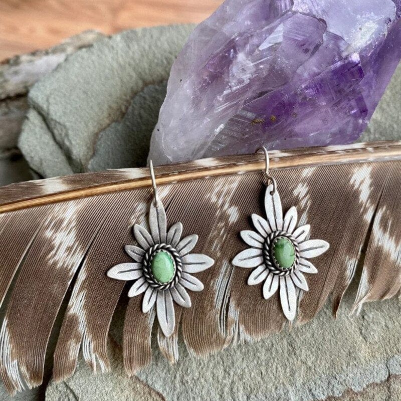whatagift.com.au Vintage Metal Artisan Statement Earrings | Handmade Inlaid Bead Carved Floral Hook Drop Earrings for Women