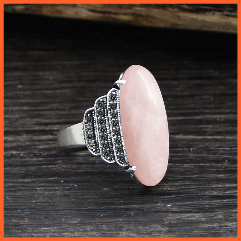 whatagift.com.au Vintage Natural Eye Shape Rhinestone Rings For Women | Real Antique Silver Plated Natural Stone