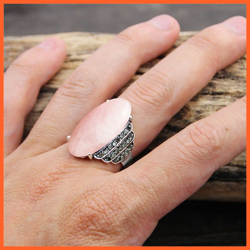 whatagift.com.au Vintage Natural Eye Shape Rhinestone Rings For Women | Real Antique Silver Plated Natural Stone