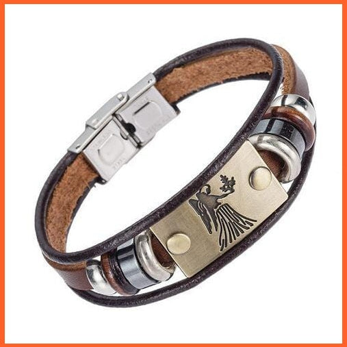 whatagift.com.au Virgo Unisex Stainless Steel 12 Zodiac Signs Genuine Leather Bracelet