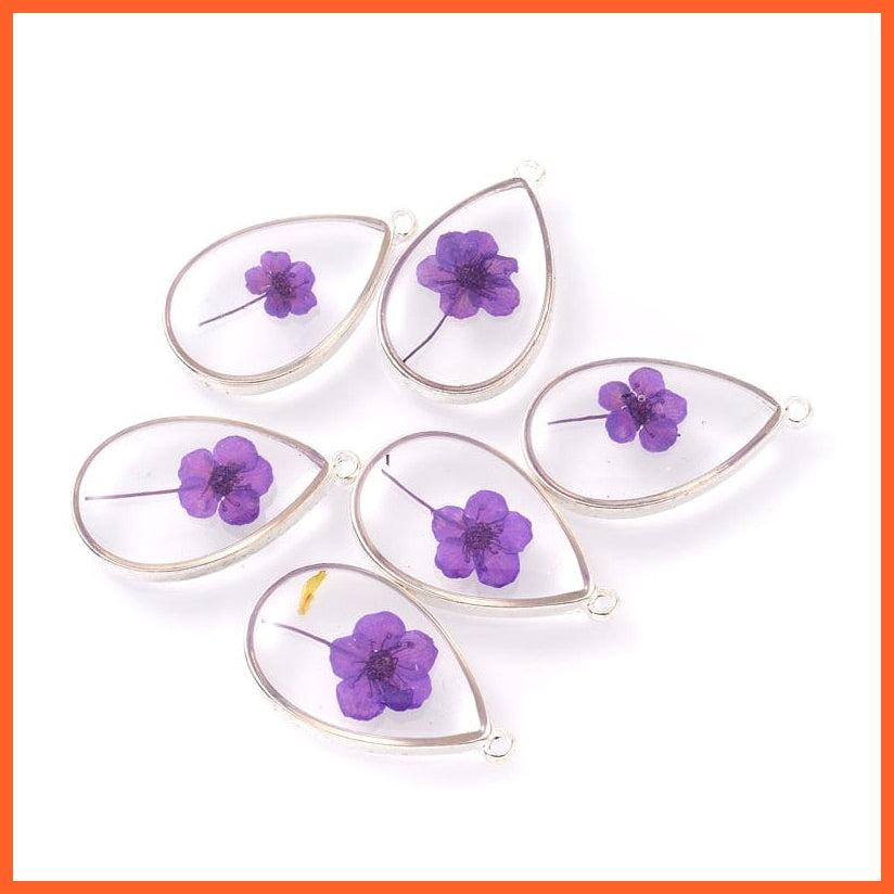 whatagift.com.au Water Purple 3-4Pcs Oval Transparent Resin Real Dried Flower Petal Charms Pendant for Jewelry Making