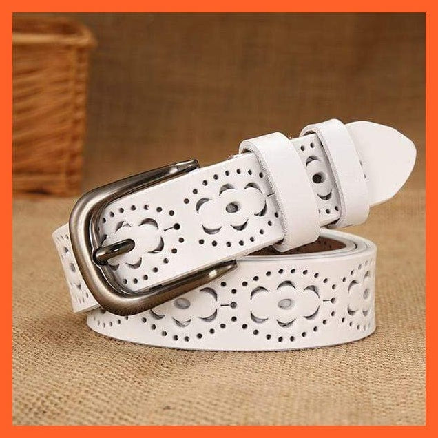 whatagift.com.au White 2 / 110cm Waist 87cm 6 Colors Floral Carved Genuine Leather Belts For Women