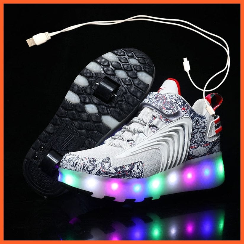 whatagift.com.au White / 30 Insole 19CM Usb Charging Two Wheels Led Light Sneakers | Roller Skate Shoes For Children