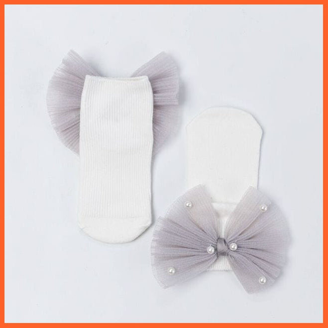 whatagift.com.au White Gray Bead Bow / S(1 To 3 Years) New Baby Girls Socks With Bows Toddlers Infants Cotton Ankle Socks Beading Baby Girls Princess Sock Cute Children Socks