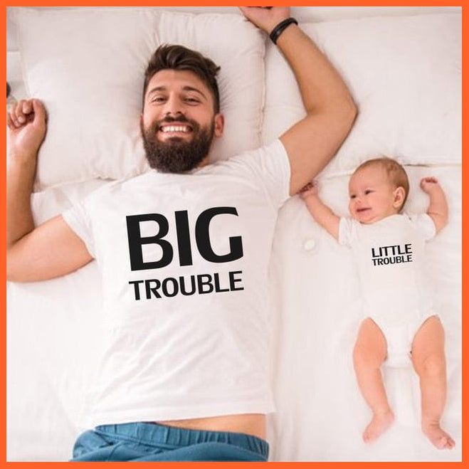 whatagift.com.au White / Kid 2T 90 (1PCS) Big trouble and Little trouble letter Print Family Matching Father Son T-shirts