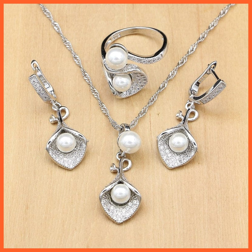 whatagift.com.au White Pearl 925 Silver Jewelry Sets  | Pendant Drop Earrings Open Rings For Women