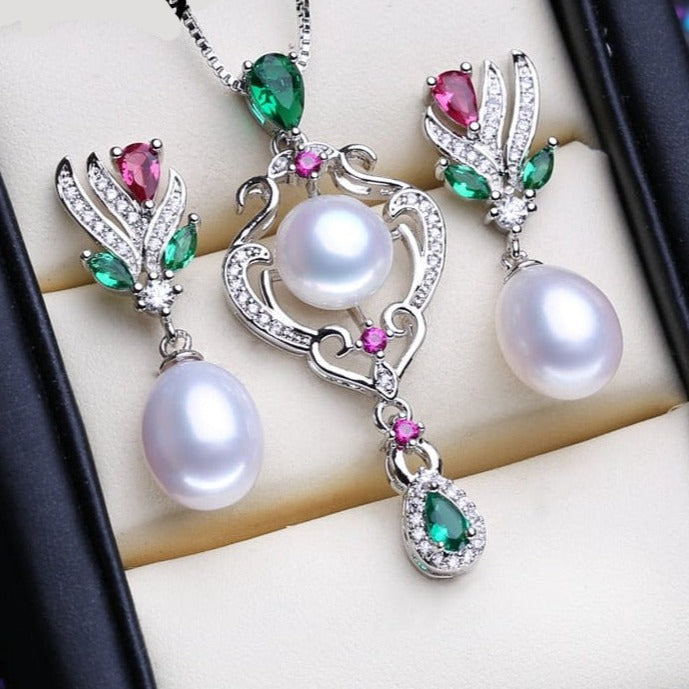 whatagift.com.au white pearls 925 Sterling Silver Natural Freshwater Pearl Ruby Jewelry Sets for Women
