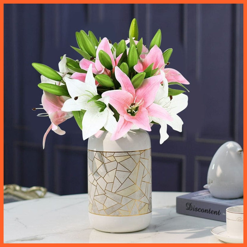 whatagift.com.au white pink 5Pcs 38cm White Lily Artificial Flowers | Fake Plant for Home Decoration